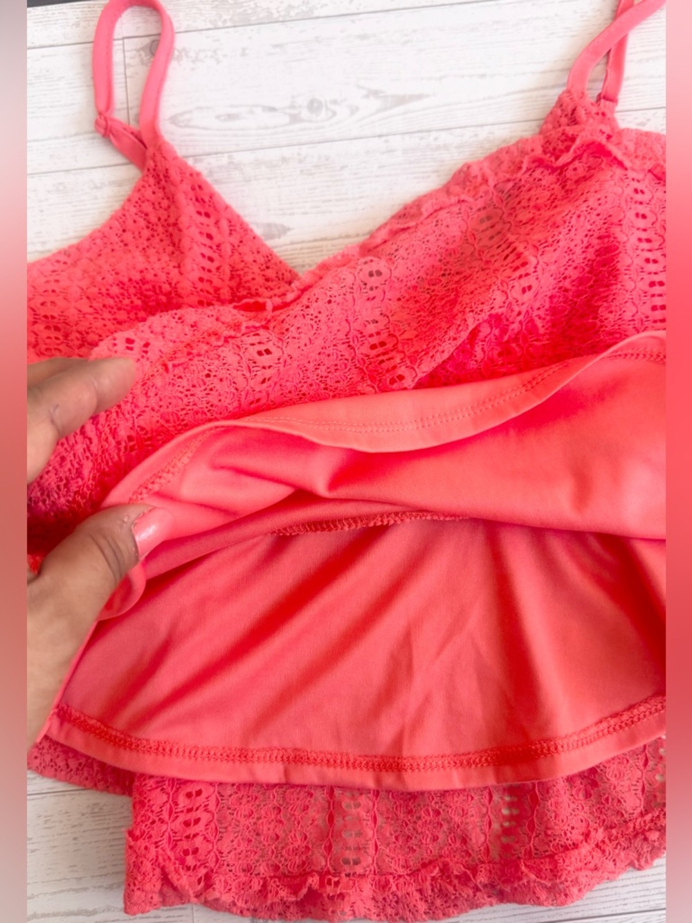 Coral Lace Peplum Top with Adjustable Straps - Picture 8 of 17